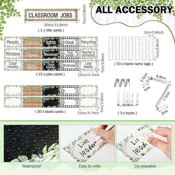 Qeeenar Classroom Jobs Pocket Chart with 96 Cards and 3 Hooks Class Management Educational Schedule for Teacher Back to School Supplies(Plant)