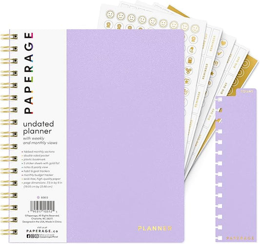 PAPERAGE Undated 12 Month Weekly & Monthly Planner with Durable Cover & Spiral Binding, 7.5 in x 9 in, Productivity Planner with Note Pages, Goals & Budget Trackers, Stickers & Bookmark (Lavender)
