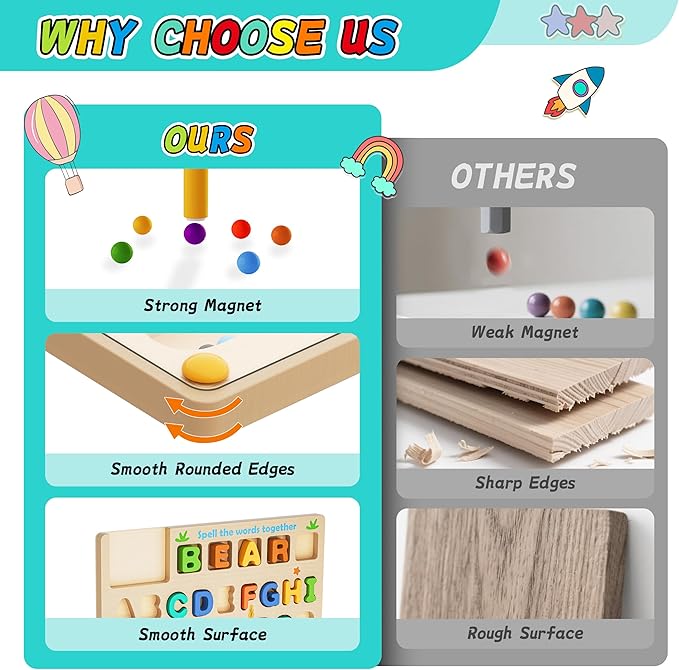 3 IN 1 Double Sided Montessori Toys- Magnetic Color and Number Maze, Toddler Wooden Alphabet Puzzles, Dry Erase Board, Preschool Learning Activities Toys for 3 4 5 6 Years Old Kids Girls Boys