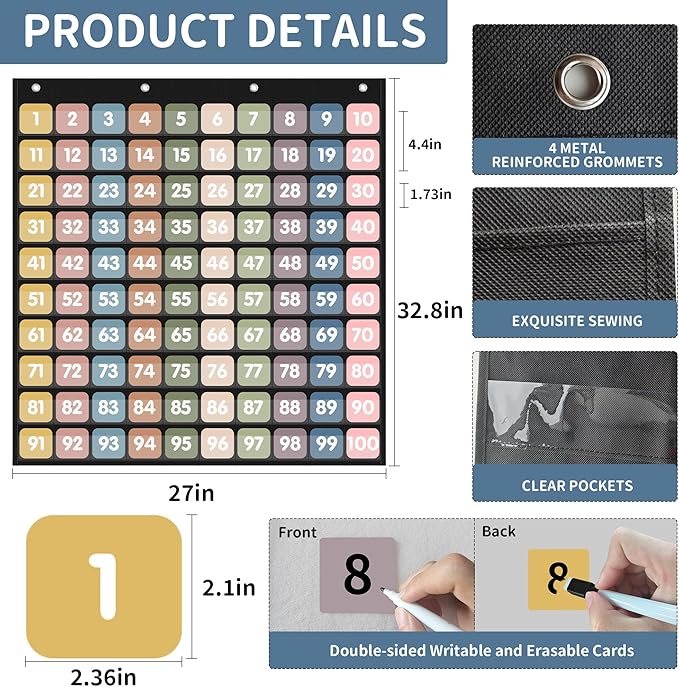 Yoink Hundreds Pocket Chart with 120 Double-Sided Cards, 1-100 Boho Number Pocket Chart for Classroom, Homeschool Counting, Teacher Supplies(Black)