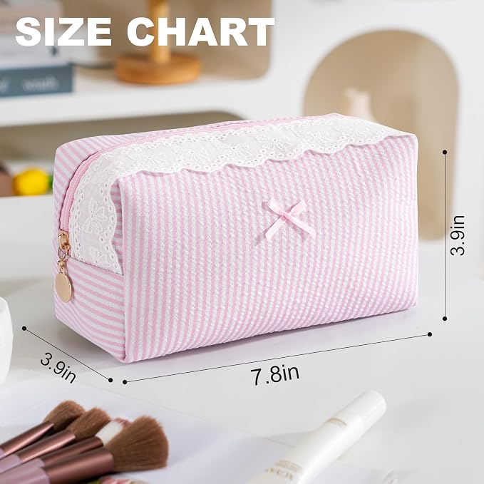 Makeup Bag Travel Toiletry Bag for Women, Small Cosmetic Bags with Lace Trim Cute Pink Stripe Aesthetic Organizer Makeup Pouch for Purse Emergency Bag Pencil Case Accessory Bag