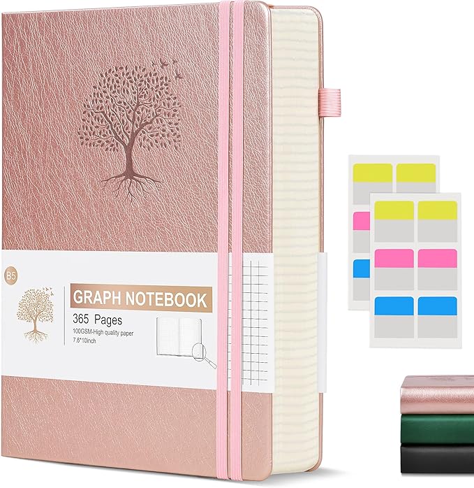Ansopu Graph Paper Notebook Journal, 360 Numbered Pages Grid Notebooks, Thick 100gsm Graphing Paper Notebook Journals for Women Men, B5 Large Hardcover Leather Graph Notebook 7.6'' X 10'' Pink