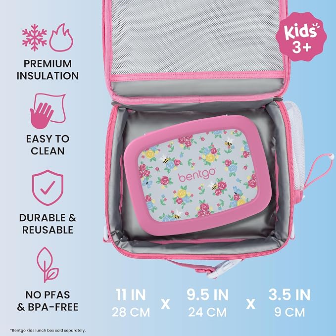 Bentgo Kids Prints Double-Insulated Reusable Lunch Bag | For Kids 3+, Adjustable Strap; Holds Lunch Box/Water Bottle/Snacks; Easy-Clean, Water-Resistant, Pocket (NEW Blooming Floral)