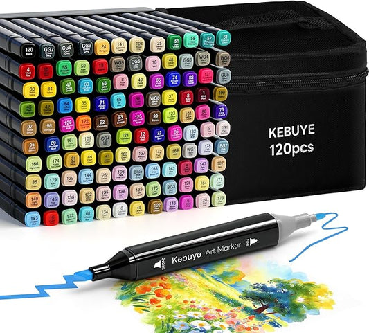 Kebuye 120 Colors Alcohol Art Markers Set, Dual Tips Blender for Drawing, Sketching, Coloring, Underlining, Professional Permanent Sketch Markers for Kids and Adults