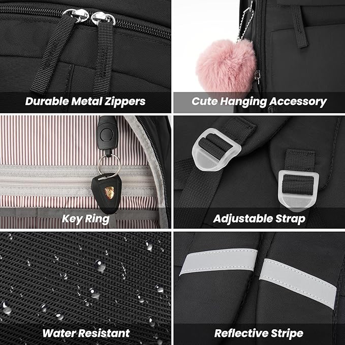WINDARS School Backpack with Lunch Box for Teen Girls, Cute College Backpacks for Women Students Aesthetic Bookbag Large 15.6 Inch Laptop Bag Middle School Travel Back Pack (Black-3 Pcs)