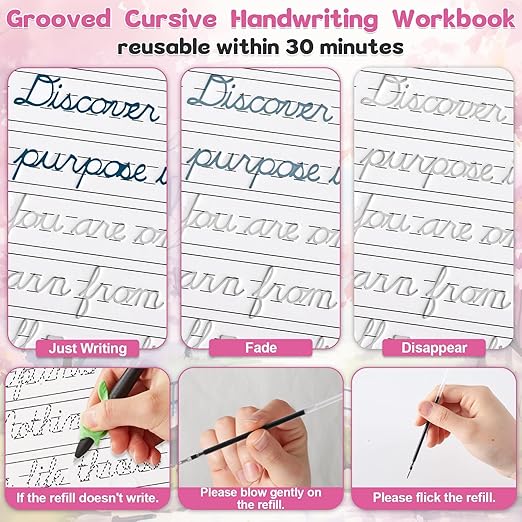 gisgfim Grooved Cursive Handwriting Workbook Magic Reusable Grooved Cursive Handwriting Practice Guided Tracing with Disappearing Ink Pens for Beginner Learning Activities Supplies (Inspiring Quotes)