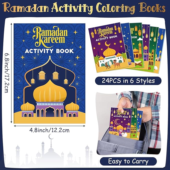 JAPBOR Ramadan Activity Coloring Books - Mini Happy Eid Mubarak Activities Color Book Bulk for Kids Party Favors, Ramadan Kareem Al Fitr Small Colour Pages for Class School Drawing Painting Games