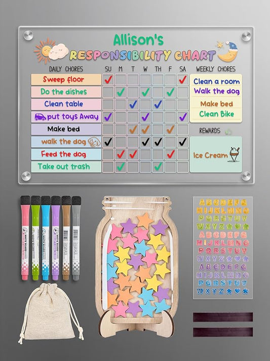 Acrylic Magnetic Kids Chore Board & Star Reward Jar - Dry Erase Fridge Calendar with Erasable Markers, Wooden Stars & DIY Stickers for Visual Schedule, Behavior Tracking & Potty Training Toddlers