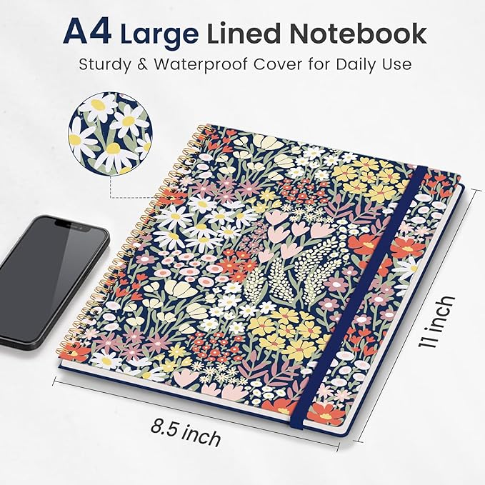 Taja Large Spiral Lined Journal for Women, 8.5" x 11" Notebooks for Work Collge Ruled, A4 Aesthetic Cute Journaling Notebooks for Writing, Plastic Cover, Spring Meadow
