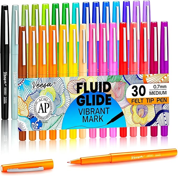 VEESA Felt Tip Pens 30 Colors, Medium Point (0.7mm), Smooth Writing