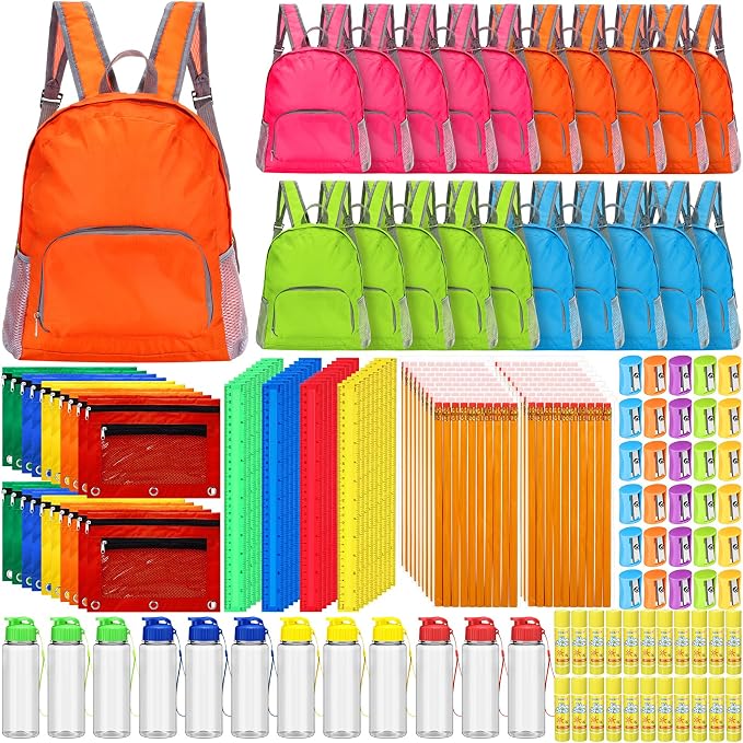 168 Pcs/24 Sets School Supplies Kit Bulk Back to School Essentials Schools Backpack Donation Water Bottle Pencil Pouch HB Pencil Plastic Ruler Sharpener Glue Stick Christmas Donation Set
