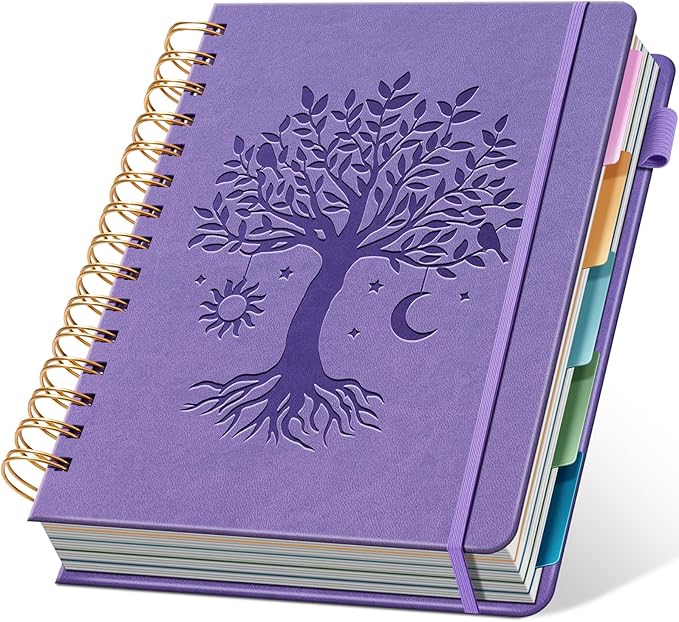 Ovesmusl Hardcover Spiral Notebook 6.1" x 8.4" with 5 Removable Dividers 300 Pages Leather 5 Subject Notebook College Ruled 100GSM Large Spiral Notebooks for Work Thick Lined Journal for Women, Purple