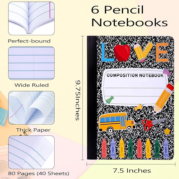 6 Pack Marble Composition Notebook Wide Ruled Pencil Preppy Composition Notebooks,Back to School Coquette Aesthetic Notebooks Perfect-bound 80 Pages (40 Sheets) 9.75x7.5 Inches