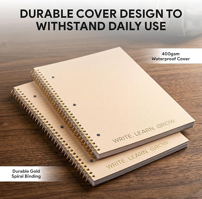 Decorably 5-Pack 140 Pages Gold Foiled Spiral Note Books College Ruled, 8x10.5in Spring Bound, 3-Hole Punched and Easy Tear-Off Perforated Design, Lined Pages - Work, School, Office