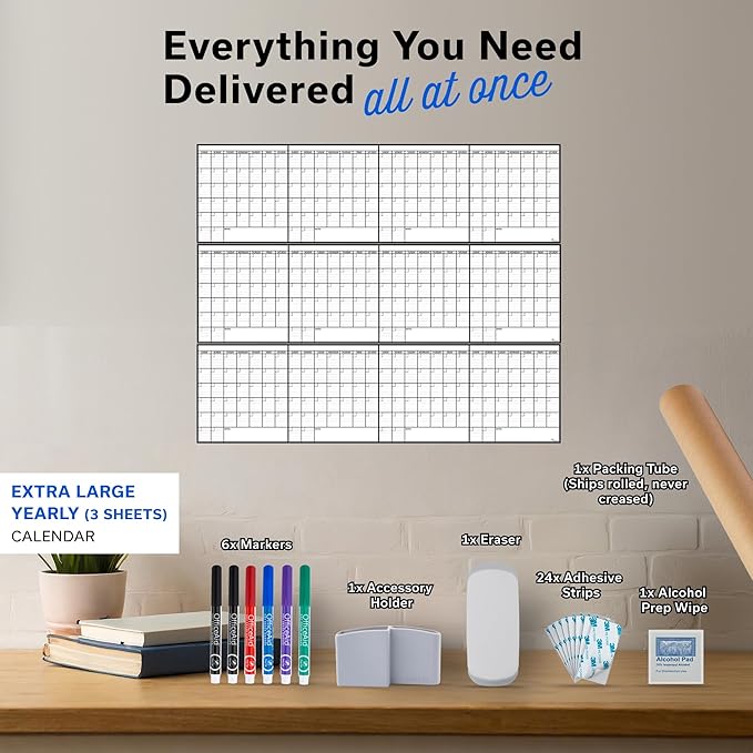 Dry Erase Year Calendar for Wall 45x55, Family Office Undated Yearly Annual Large, 12 Giant Erasable Month Wall Classroom, Rolled Whiteboard White Board, for Calendar Dry Planner Erase Reusable