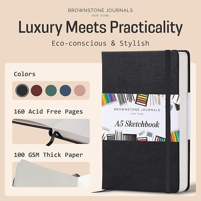 BROWNSTONE JOURNALS A5 Sketch Book Hardcover - 80 Sheets 100 GSM Paper 5"x8", Lay Flat, Vegan Leather Cover, Elastic Band, Back Pocket, Art Drawing Book (Charcoal Black)