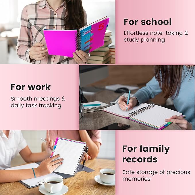 CAGIE 5 Subject Notebook, A5 Small Spiral Notebook with Removable Pocket Dividers Tabs, 240 Pages Spiral Note Book College Ruled for School Work Note taking, 6.1 * 8.27in, Rose Pink