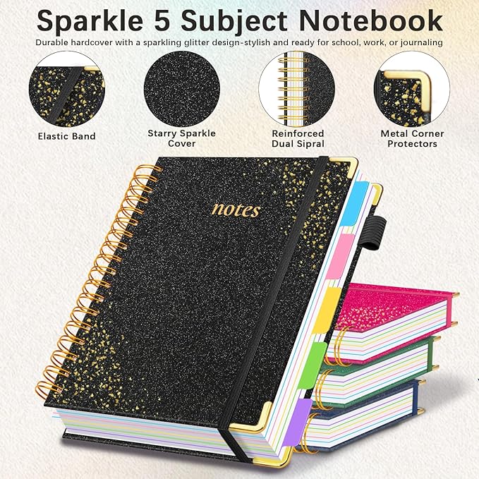 Hardcover Spiral Notebook with Removable Dividers & Tabs, 8"x10" 5 Subject Notebooks for Work, 300 Pages College Ruled Notebook, B5 Sparkle Lined Journal for Women Girls Note-Taking (Black)