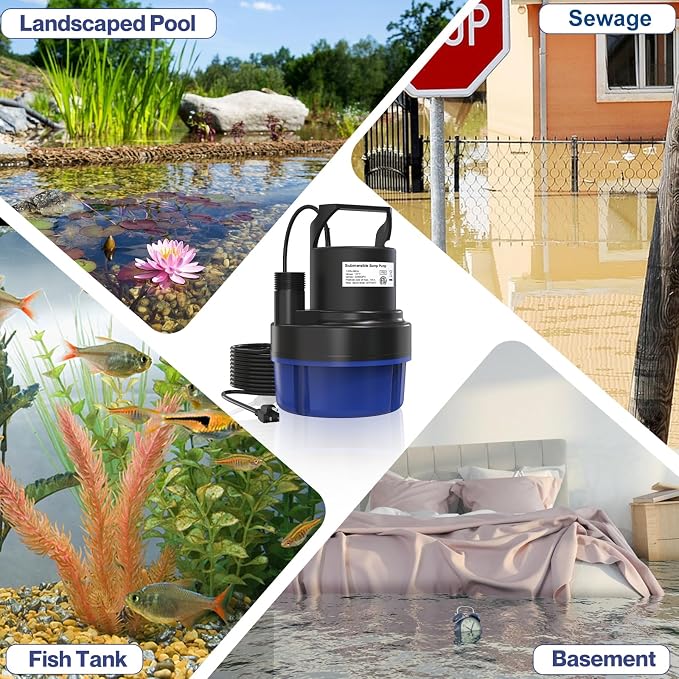 AgiiMan 3500GPH Pool Cover Pump, 1HP Submersible Sump Pump, Blue | 25FT Power Cord, 17FT Lift, IPX8 Thermoplastic Housing, Thermal Protection, Low Suction for Pools, Basements and Ponds