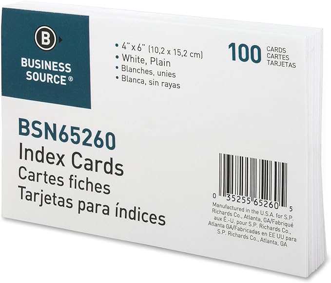 Business Source, BSN65260, Plain Index Cards, 100 / Pack