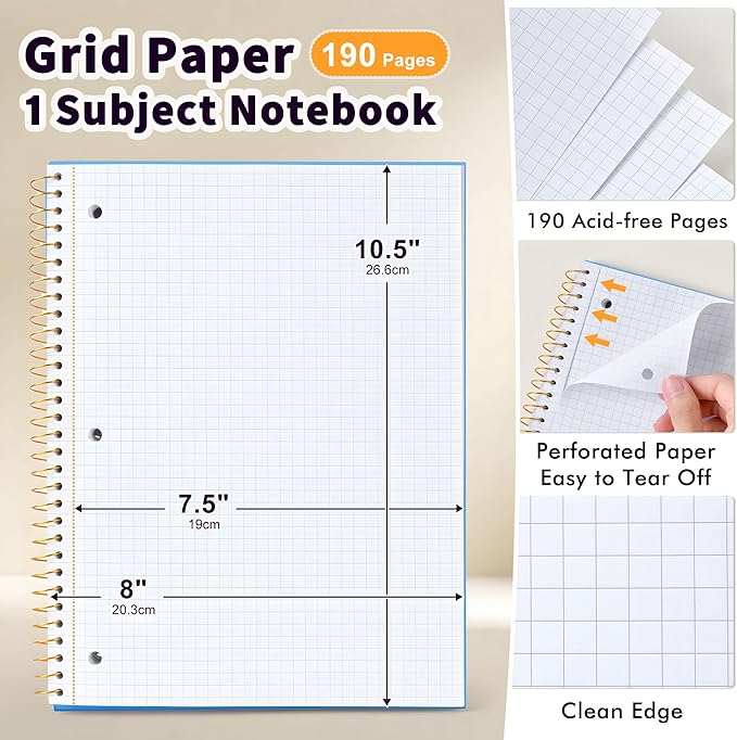 Spiral Notebook Graph Ruled Paper 8" x 10 1/2", 1 Subject Spiral Grid Notebook 3-Hole Punched Perforated Page Ideal for School, Office, Writing, 95 Sheets Lined Journaling Graphing Notebook, Blue