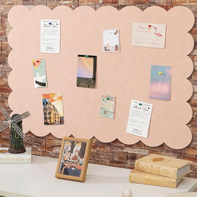 Mooliwe Scalloped Felt Bulletin Board 72 x 48 Inches Foldable Flesh Pink Pin Cork Board Alternative for Wall, 6' x 4' Trifold Picture Vision Self Adhesive Bulletin Decorative