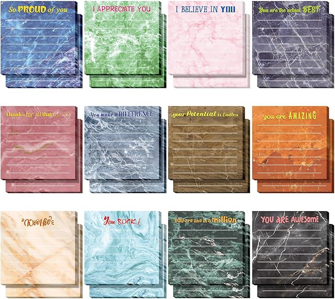 Yinder 24 Pcs Inspirational Sticky Notes Cute Motivational Sticky Notes Pad End of Year Employee Appreciation Gifts Bulk for Teacher Nurse Coworkers Office Supplies 3 x 3'' (Appreciation,Marble Color)