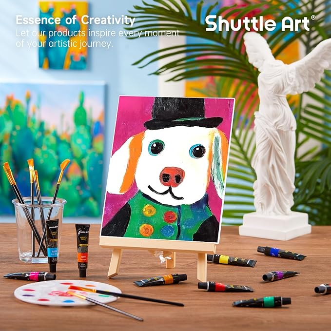 Shuttle Art 87 Pack Acrylic Painting Kit, Paint Kit with 3 Packs 15-Color Acrylic Paint, 3 Wooden Easels, Canvas, Brushes & Palettes, Art Painting Supplies for Adults, Kids & Beginners