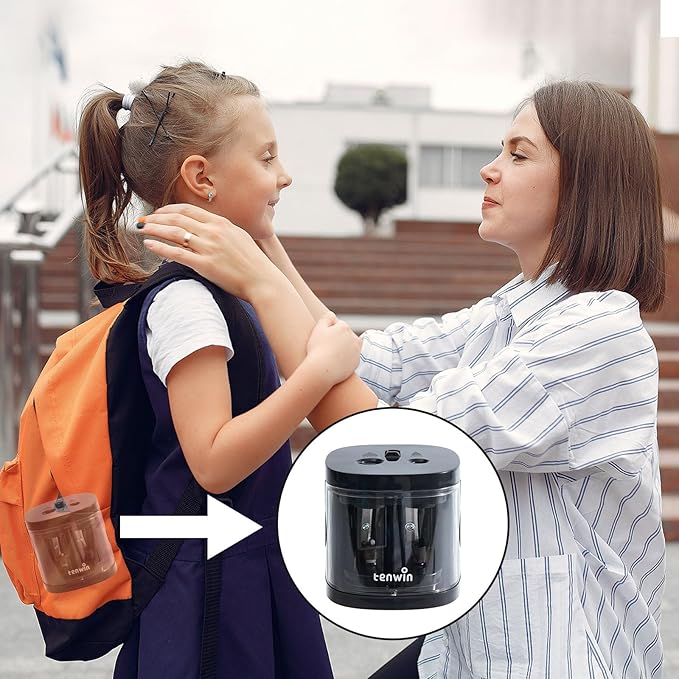 tenwin Electric Pencil Sharpener, Dual Hole Pencil Sharpeners Battery Powered, Small&Portable, Fit for 6-12mm No.2/Colored Pencils, Kids, School/Home (Black)