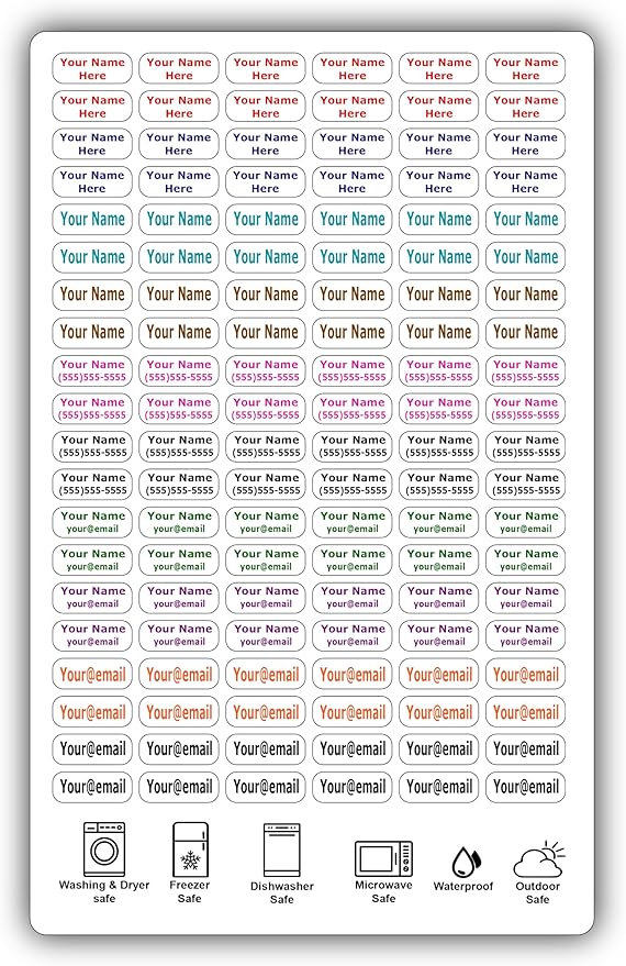 120 Small Personalized Waterproof Name Labels. Press and Stick Multi use Custom Mini Name Labels. Customized 2 Lines of Text and Color. Tiny Name Stickers with Permanent Self Adhesive.
