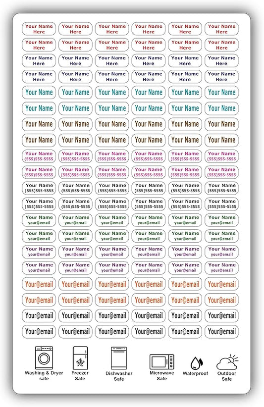 120 Small Personalized Waterproof Name Labels. Press and Stick Multi use Custom Mini Name Labels. Customized 2 Lines of Text and Color. Tiny Name Stickers with Permanent Self Adhesive.