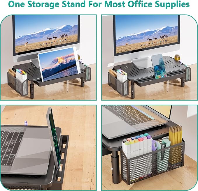 WALI Desk File Organizer, 2 Tier Desktop Paper Letter Tray Organizer with Drawer and Pen Holders, Office Desk Accessories, Laptop Riser for Computer, Laptop, Printer (STT003DH-B), 1 Pack, Black