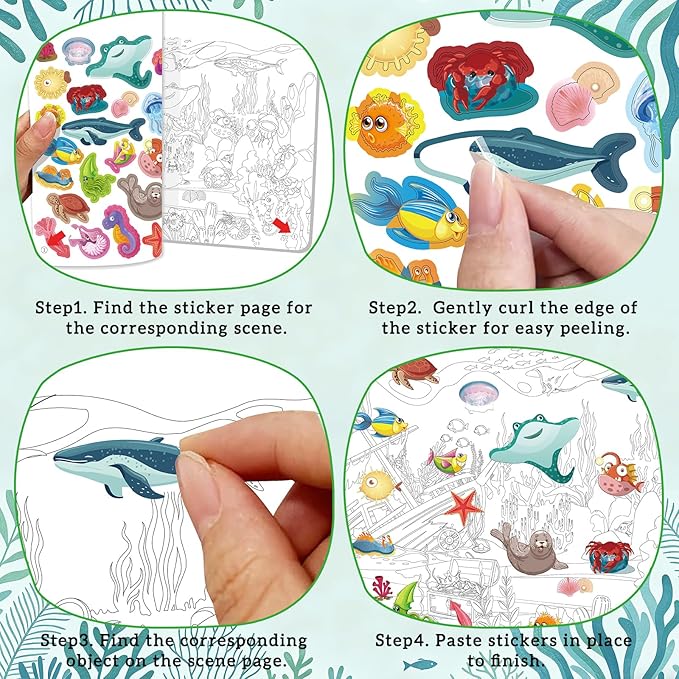 Elfew Search and Find Sticker Book for Kids Ages 3-8, Dinosaur and Ocean Animal Sticker Activity Book for Kids with 20 Theme, Over 400+ Stickers, Toddler Educational Travel Toys