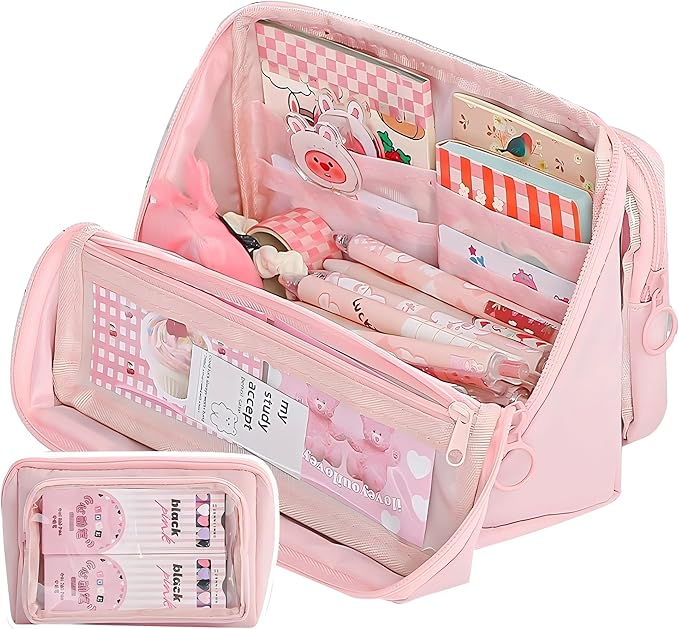 Large Pencil Pouch Big Pencil Case Big Capacity Aesthetic Pen Cosmetic Bag Pen Stationery Organizer Simple, College Office Home Travel Storage Bag (Pink)