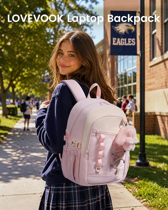 LOVEVOOK School Backpack for Girls, Large Capacity 16 Laptop Backpack with Tumbler Pockets, Multi-Compartment Backpacks with Lucky Bunny Charm, Water-Resistant Travel Backpack, Pink
