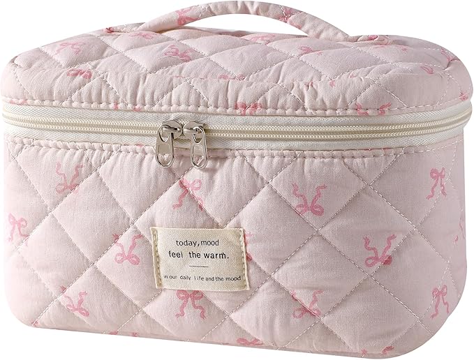 uekeboag Large Travel Quilted Makeup Bag for Women | Soft Floral Cotton Cosmetic Bag, Foldable Coquette Aesthetic Toiletry Organizer