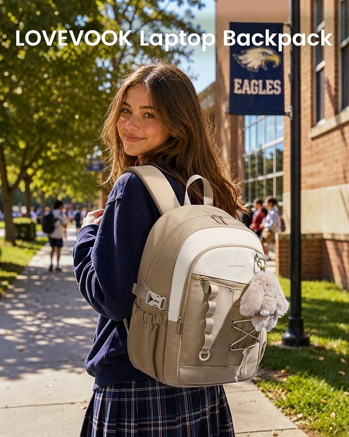 LOVEVOOK School Backpack for Girls, Large Capacity 16 Laptop Backpack with Tumbler Pockets, Multi-Compartment Backpacks with Lucky Bunny Charm, Water-Resistant Travel Backpack, Champagne
