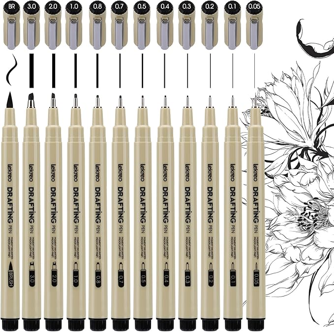 12-Piece Fineliner Pen, Assorted Point Sizes 0.05 to 3mm & Brush Pens, for Art, Writing & Bullet Journaling (12 Point Sizes)