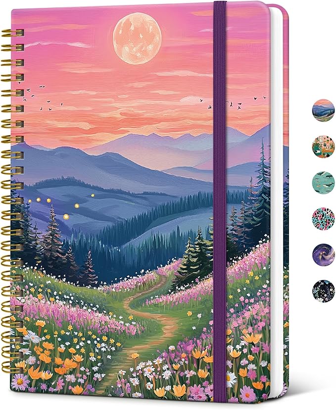 Taja Spiral Lined Journal for Women, Notebook for Work with Pretty Cover, 140 College Ruled Pages, Hardcover Notebook for Journaling, Note Taking, Bible Study, Dreamscape Hills
