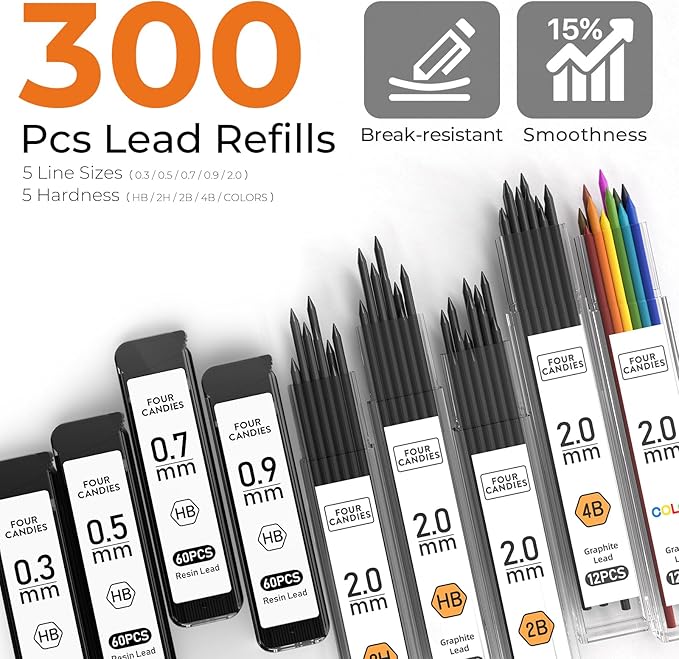 Four Candies Metal Mechanical Pencil Set, 4PCS 0.3, 0.5, 0.7, 0.9MM Mechanical Pencils & 2MM Drawing Pencil with 9 Tubes Lead Refills (4B 2B HB 2H Color) for Student Writing Artist Sketching - Black