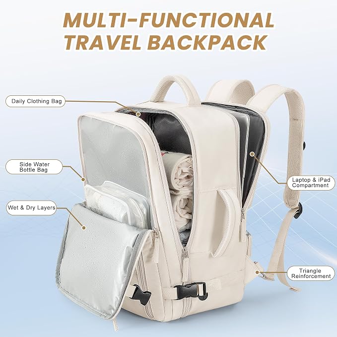 Beraliy Travel Backpack Airline Approved, Carry on Backpack, 16 Laptop Backpack, Waterproof Weekender Bag, Casual Daypack, Hiking Backpack, Beige | 16 Inch Laptop Waterproof Hiking Backpack, Casual Outdoor Daypack Bag for College Weenkender Business, B...