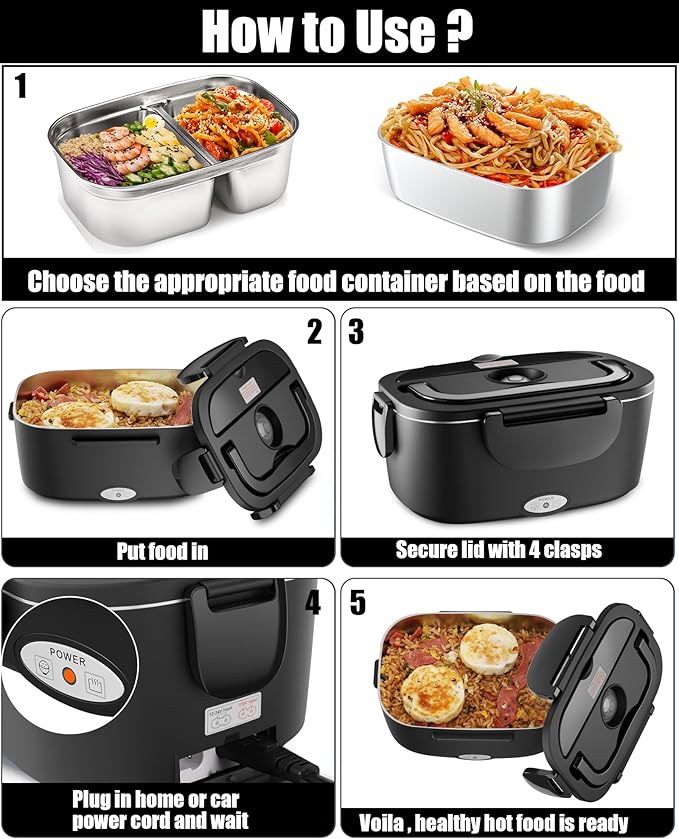 Buddew Electric Heated Lunch Box, 80W Fast Heating with Dual 1.5L Food-Grade 304 Stainless Steel, 12V/24V/110V Portable Food Warmer for Car Truck Office Adults, Lonchera Electrica Portatil (Black)