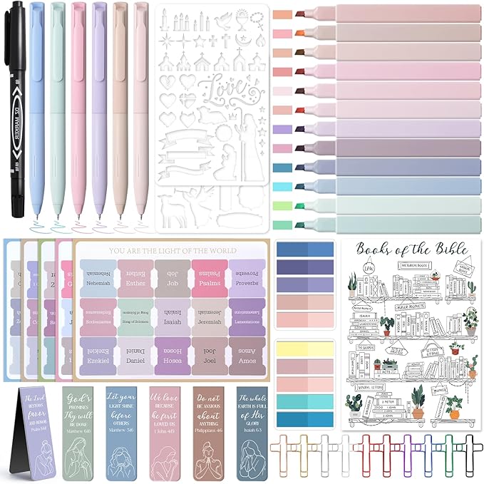 53 Pcs Bible Study Supplies, Bible Study Kit Journaling Supplies with 12 Bible Highlighters No Bleed and Tabs, 6 Pens, 6 Bookmarks, Books of the Bible Sticker and More, Christian Gifts for Women