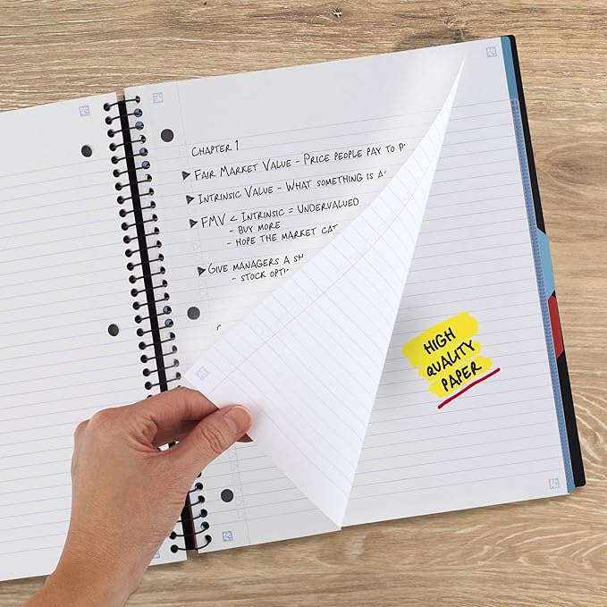 Five Star Advance Spiral Notebook + Study App, 3 Subject, College Ruled Paper, 8-1/2" x 11", 150 Sheets, Spiral Guard, Movable Tabbed Dividers, Black (73132)