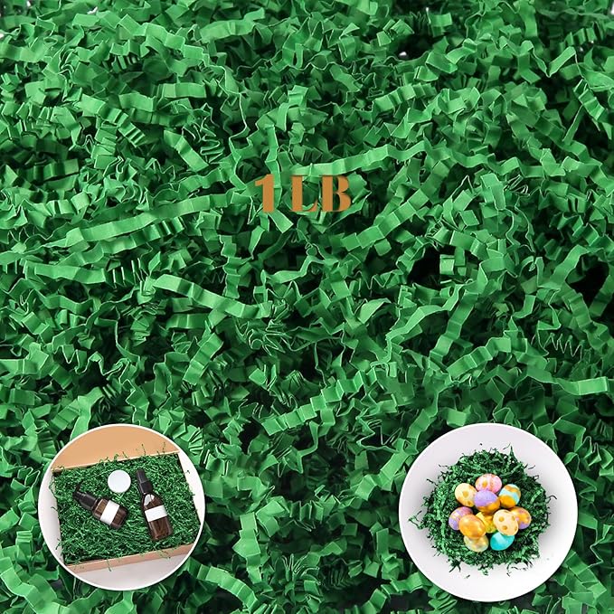 CANIYA 1 LB Green Crinkle Cut Paper Shred Filler, Shredded Paper Filling for Gift Basket, Filler Paper for Birthday, Wedding, Anniversaries