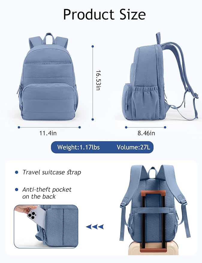 Uselike Travel Backpack for Women, 15.6 Inch Laptop Backpack, Quilted College Bookbag, Cute Work Backpacks, Water Resistant (Haze Blue)