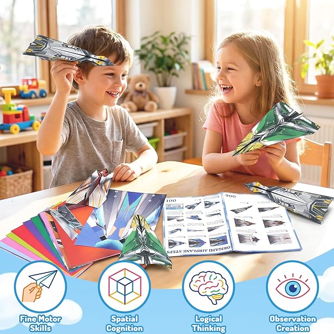 AluAbi Paper Airplane Kits, 60 Sheets Double Sided Colored Origami with Instructions Book and Video, Birthday Crafts Gift for Kids Ages 6-12