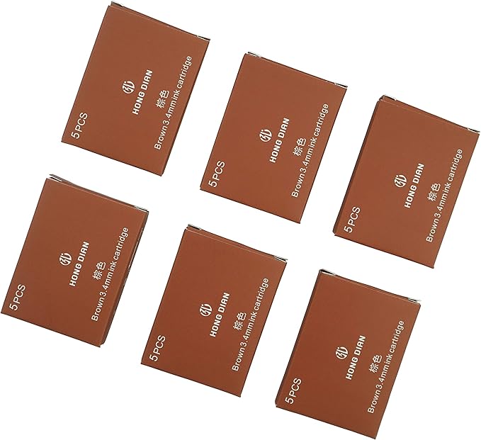 Asvine Hongdian Fountain Pen Ink Cartridges Brown Color, Set of 30 Refill Ink Cartridges, 3.4 mm Bore Diameter
