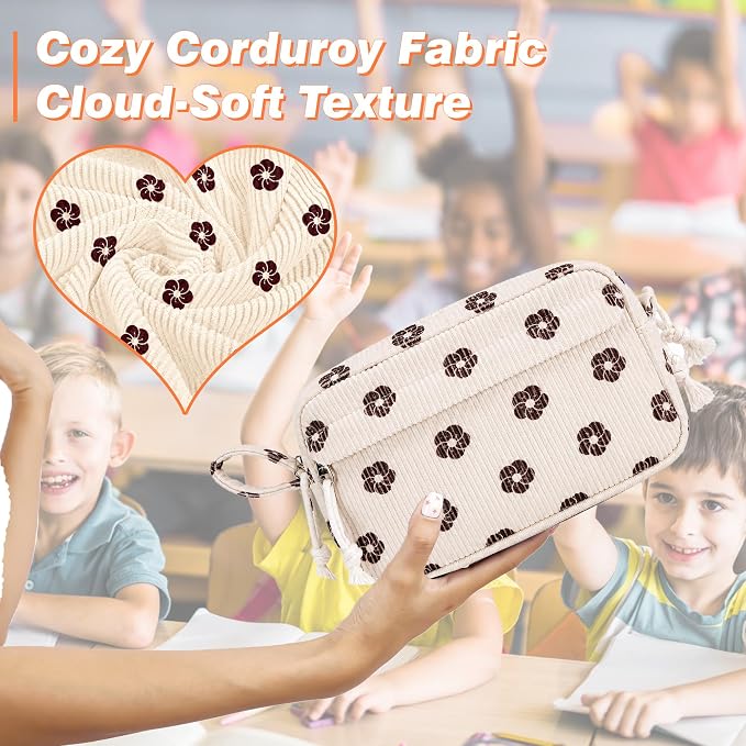 Big Capacity Pencil case,Soft Corduroy Pencil Bag with 3 Compartment,Pencil Pouch School Supplies Cute Pencil Box Pencil Bag for Teen Girls Boys College (Brown Floral)