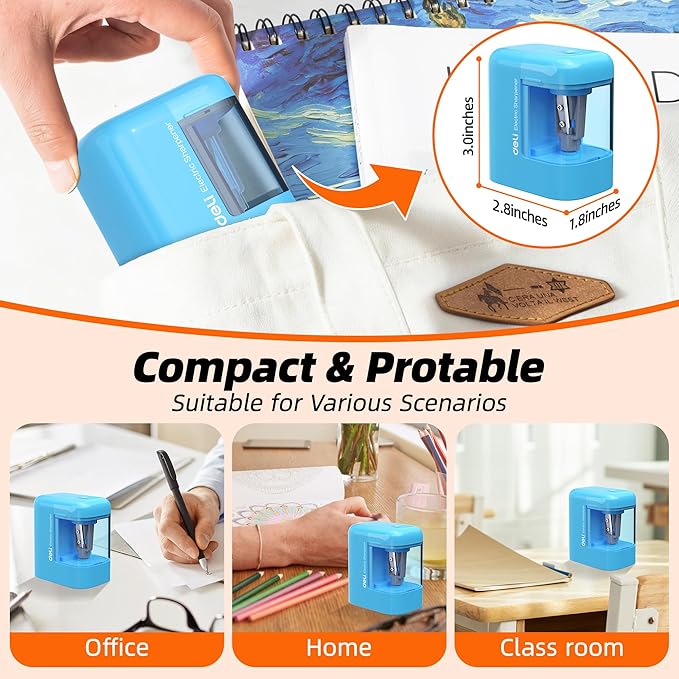 deli Electric Pencil Sharpener, Portable Pencil Sharpener for No.2 Pencils Colored Pencils, Battery Powered Electric Pencil Sharpener for School, Home, Office, Blue